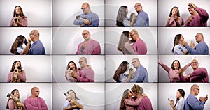 Portraits of middle-aged man and woman, multi shots collage, casual style