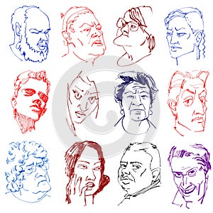 Portraits of people in different emotions from life. Outline sketch.