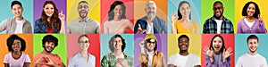 Portraits of positive multiethnic people of different age over colorful studio backgrounds