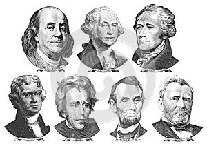 Portraits of presidents and politicians from dollars photo