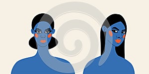 Portraits of two beautiful girls. Avatars of women in blue