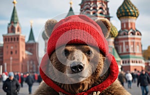 Portraits of Winter: Ushanka-clad Individual with Kremlin Backdrop photo