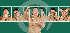 Portraits of young Asian man showing pictures with different emotions, facial expression isolated on green background.