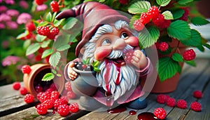 Portray a mischievous garden gnome sneaking off with a berry from a backyard bush