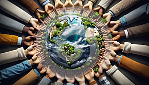 Portrayal of globe where continents are lush with vegetation due to healthy soil surrounded by hands of diverse people symbolizing