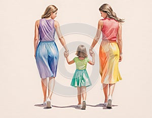 Portrayal of a non-traditional family. Rear view of two women and their daughter walking holding hands.