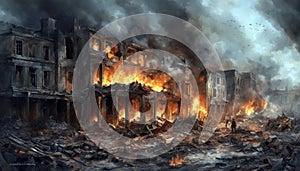 Portraying war-affected buildings and surroundings consumed by flames 01