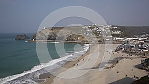 Portreath Cornwall elevated view beach waves and sea on a beautiful day