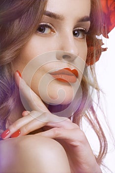 Portret of Beautiful fashion Woman with red lips and nails.Rose