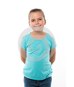 portret of little girl wearing turquoise t-shirt