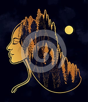 Portret of magic forest nymph, mysterious character from fairy tales. Isolated vector illustration. Dreamy magic tattoo