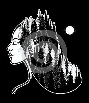 Portret of magic forest nymph, mysterious character from fairy tales. Isolated vector illustration. Dreamy magic tattoo