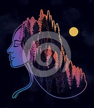 Portret of magic forest nymph, mysterious character from fairy tales. Isolated vector illustration. Dreamy magic tattoo