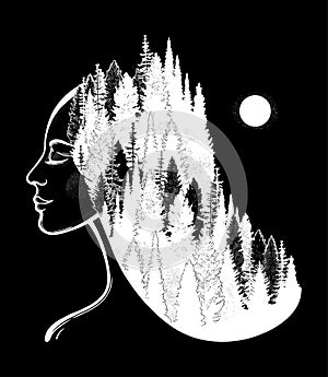 Portret of magic forest nymph, mysterious character from fairy tales. Isolated vector illustration. Dreamy magic tattoo