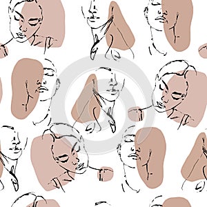 Portret minimalistic style. Continuous line. Hand-drawn vector seamless pattern with portraits in modern style.