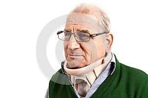 Portret of old man with a surgical cervical collar after the ope