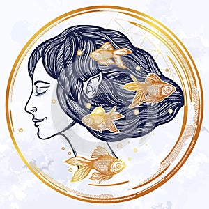 Portret of young fairy with gold fishes. Magic river nymph, mysterious character from mermaid tales. Isolated vector