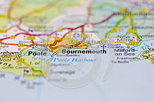 03-16-2021 Portsmouth, Hampshire, UK Bournemouth Shown on a geography map or road map photo