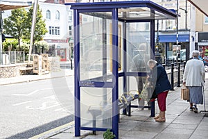 An elderly lady waiting at a bus stop for her bus to arrive