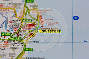 02-18-2021 Portsmouth, Hampshire, UK Lowestoft and surrounding areas shown on a road map or geography map