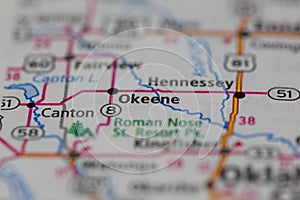 06-15-2021 Portsmouth, Hampshire, UK, Okeene Oklahoma USA shown on a Geography map or road map