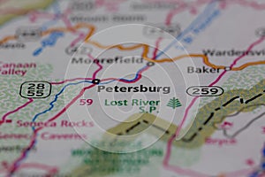 07-29-2021 Portsmouth, Hampshire, UK, Petersburg West Virginia USA shown on a road map or Geography map photo