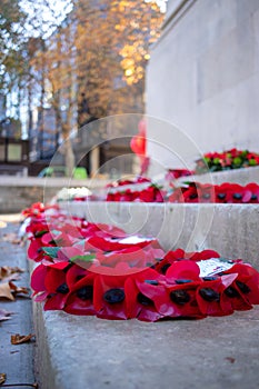 11/11/2019 Portsmouth, Hampshire, UK Red poppy wreaths laid around a war memorial for remembrance day