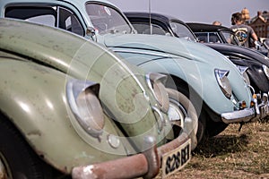 A row of old or vintage VW or Volkswagen bettle cars ata car show