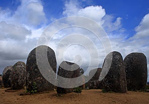 Portugal, Alentejo Region, Evora. Chromlech of Almendres standing granite stones. photo