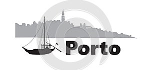 Portugal city Porto horizontal banner. Lettering Porto with traditional portuguese boat and cityscape skyline silhouette