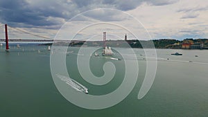 Portugal cityscape ships sailing at cloudy day aerial view. Many boats floating