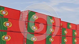 Portugal flag containers are located at the container terminal. Concept for Portugal import and export 3D