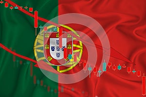 Portugal flag, the fall of the currency against the background of the flag and stock price fluctuations. Crisis concept with