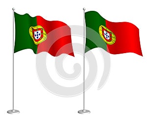 Portugal flag on flagpole waving in the wind. Holiday design element. Checkpoint for map symbols. Isolated vector on white