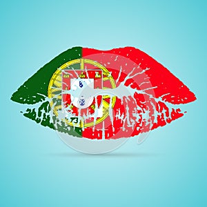 Portugal Flag Lipstick On The Lips Isolated On A White Background. Vector Illustration.