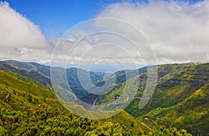 Portugal green hiils, Madeira island mountain landscape view