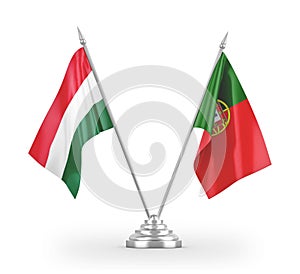 Portugal and Hungary table flags isolated on white 3D rendering