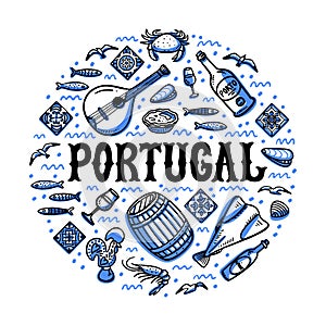 Portugal landmarks set. Handdrawn sketch style vector illustration