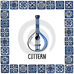 Portugal landmarks set. Portuguese fado guitar, cittern. Guiter in frame of Portuguese tiles, azulejo. Handdrawn sketch photo