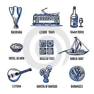 Portugal landmarks set. Symbols of Portugal. Handdrawn sketch style vector illustration