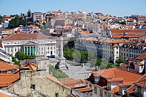 Portugal, Lisbon, panoramic view of the Rossio square from above, from the Santa Giusta liftaricate