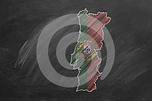 Portugal. Map with flag, hand drawn chalk illustration