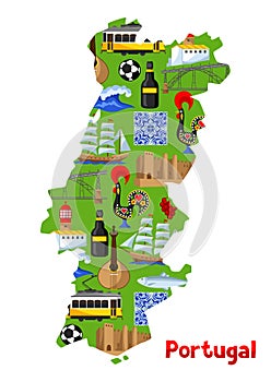 Portugal map. Portuguese national traditional symbols and objects