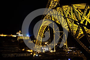 Portugal, night Porto, lights of night city, night panoramic view of The Eiffel Bridge