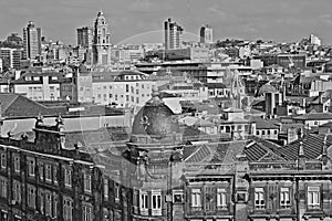 Portugal. Porto. Aerial view over the city. In black and white