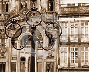 Portugal. Porto city. Ancient lantern. In Sepia toned. Retro sty