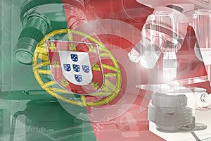 Portugal science development conceptual background - microscope on flag. Research in nanotechnology or medicine, 3D illustration