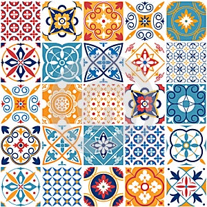 Portugal seamless pattern. Vintage mediterranean ceramic tile texture. Geometric tiles patterns and wall print textures vector set