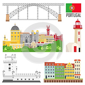 Portugal set of landmark icons in flat style