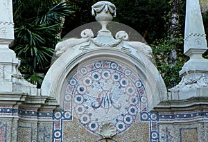 Portugal, Sintra, Quinta da Regaleira, Fountain of Abundance (Fonte da Abundancia), part of the facade photo